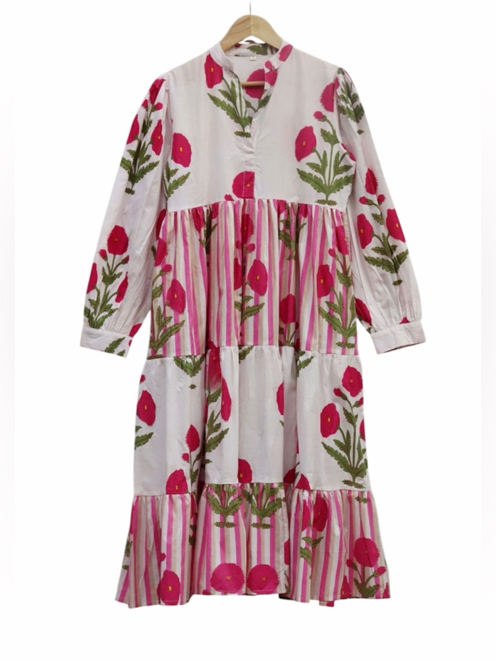 Floral Tiered Midi Cotton Dress with Pink Poppy Print LARGE